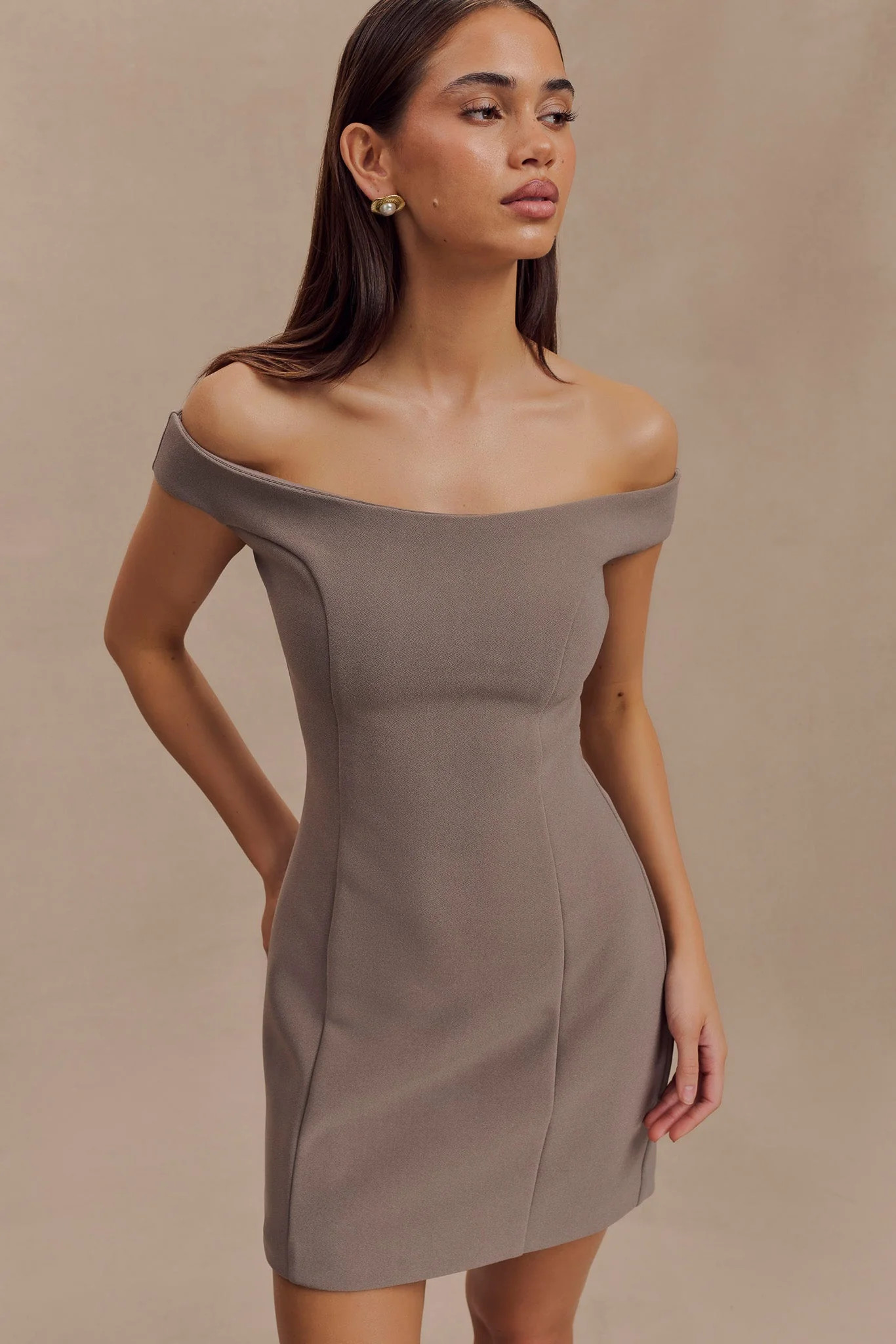 Cassidy Crepe Off Shoulder Mini Dress - Smoke | MESHKI US