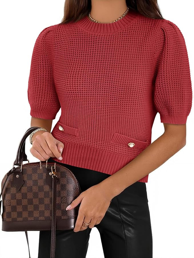 Cicy Bell Womens Puff Short Sleeve Sweaters Cropped Ribbed Knit Sweater | Amazon (US)