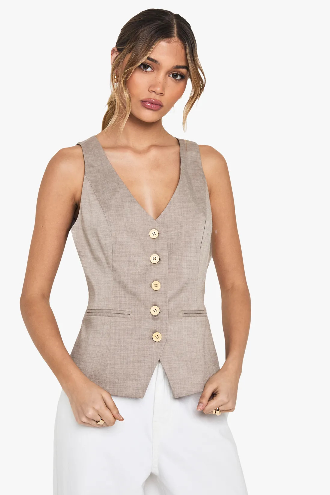 Wooden Button Fitted Tailored Waistcoat | boohoo (US & Canada)