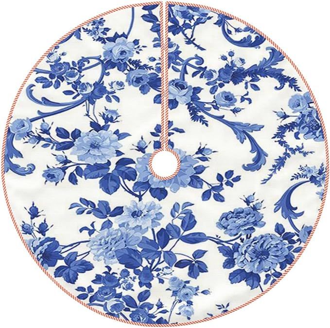 Blue Chinese Style Powder Chinoiserie Antique Christmas Tree Skirt,Decorations for Merry Xmas Hol... | Amazon (US)