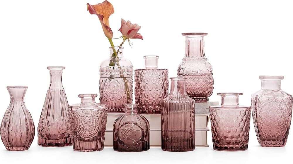 Red Amber Glass Bud Vase Set of 10 - Small Vases for Flowers, Bud Vases in Bulk, Cute Glass Vases... | Amazon (US)