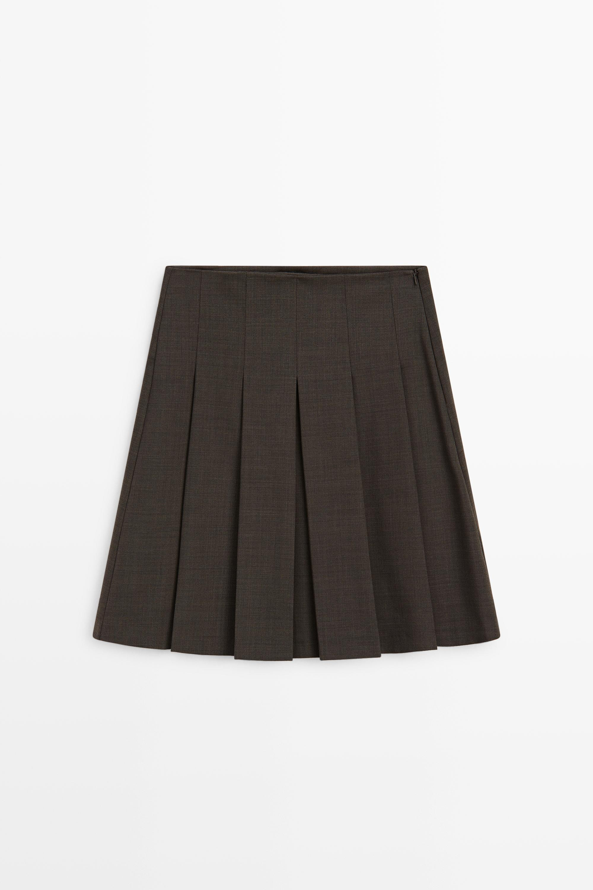 Wool blend pleated mini skirt - Chocolate | Massimo Dutti US