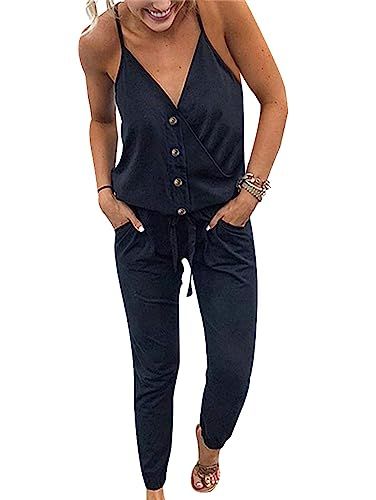 Adibosy Women V Neck Jumpsuits Overalls Strap Sleeveless Summer Casual Playsuit Rompers with Pockets | Amazon (US)