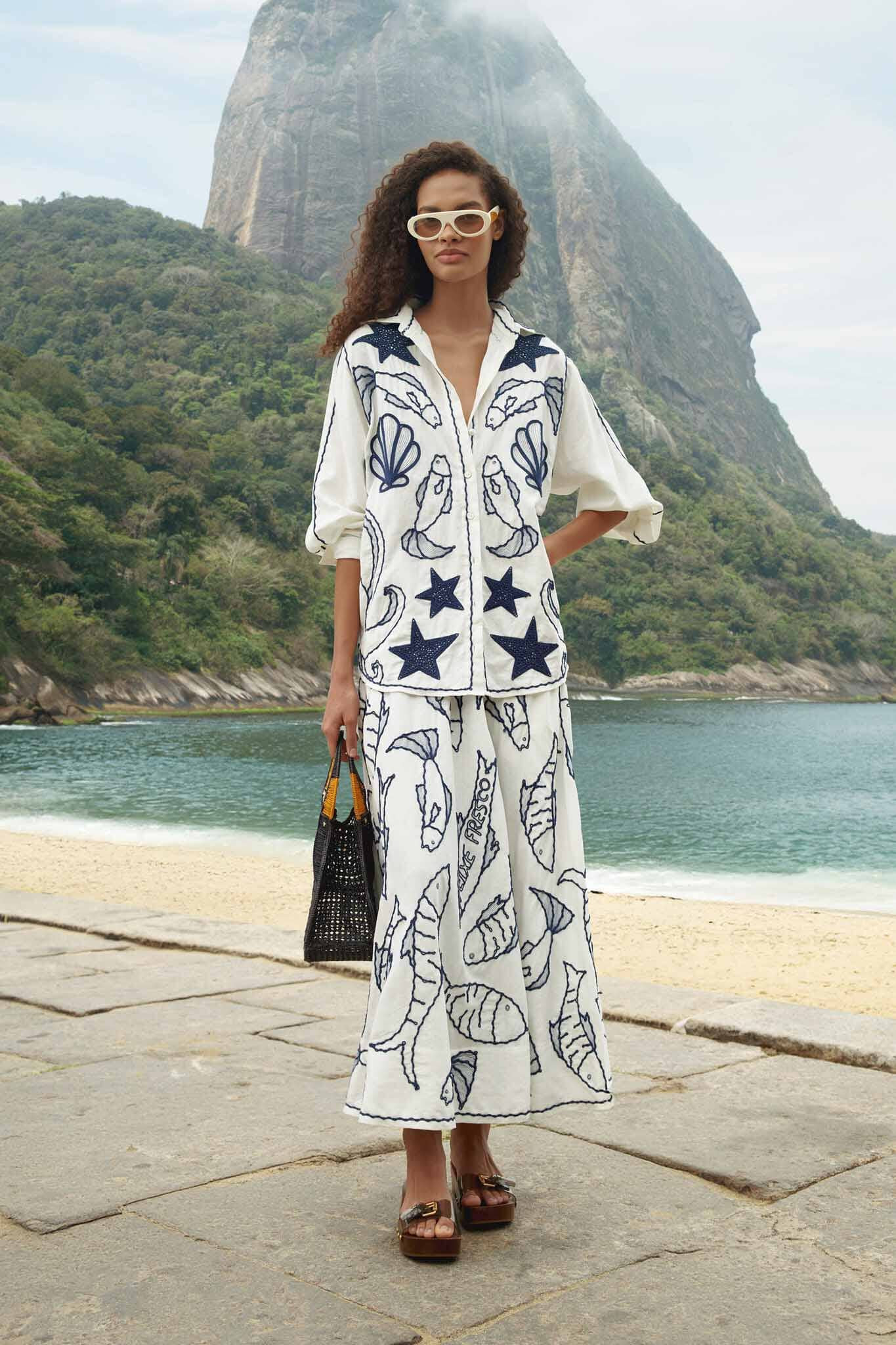 Off-White Fresh Fish Embroidered Midi Skirt | FARM Rio | FarmRio (US)