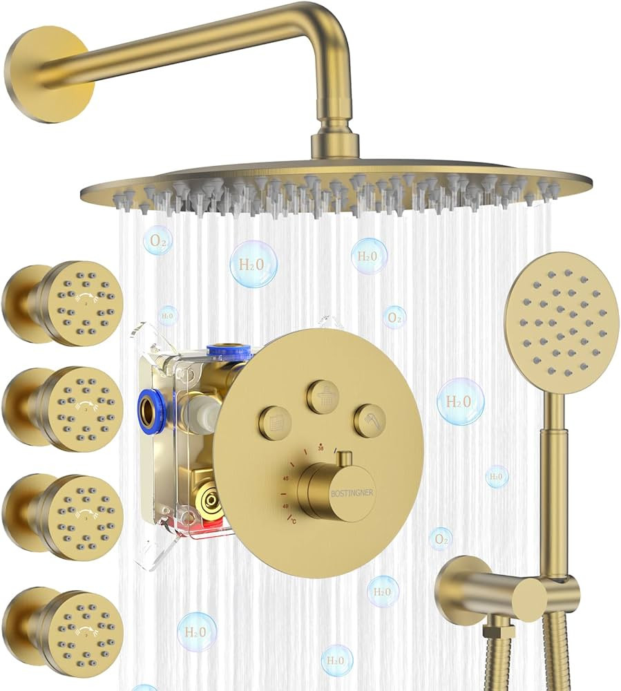 Bostingner Shower Jets System Wall Mount 12 inch Round Rainfall Showerhead with Multi-function Ha... | Amazon (US)