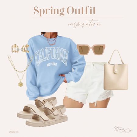 This spring outfit inspiration includes white cut off denim shorts (tall friendly) paired with a blue California sweatshirt, tan sandals and a mini tote, gold layered necklace and huggie earrings, and tan sunglasses. 

Ootd, Amazon fashion, tall friendly outfit, casual outfit idea  

#LTKstyletip #LTKshoecrush #LTKfindsunder50