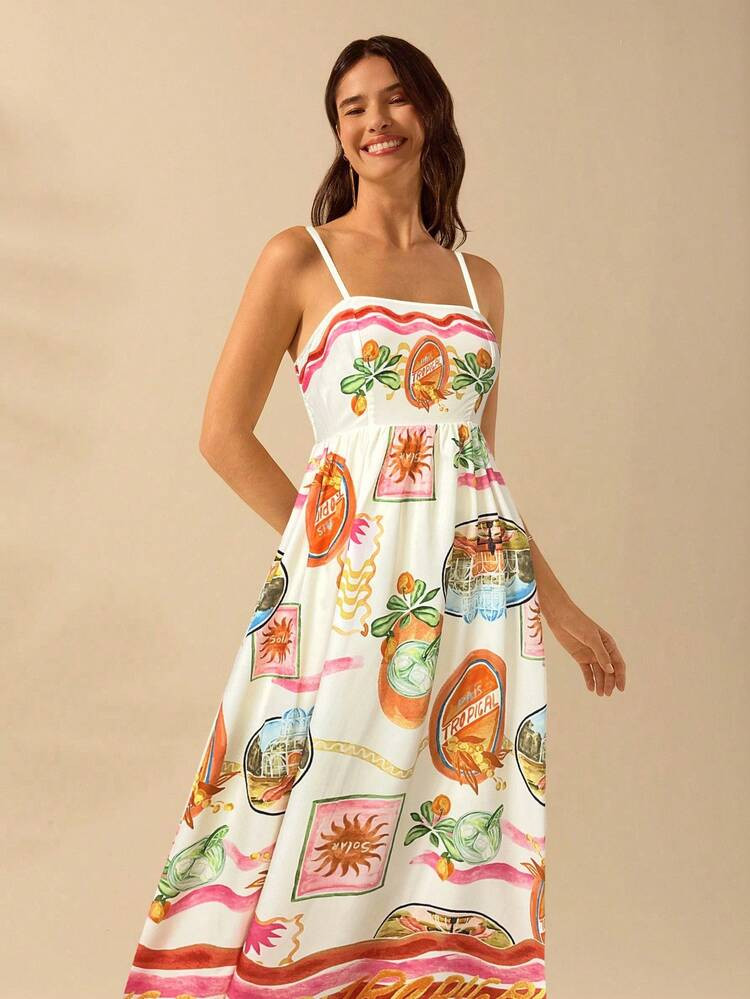 CAJUNI Women's Boho Tropical Print Vacation Casual Long Strap Dress, Summer | SHEIN