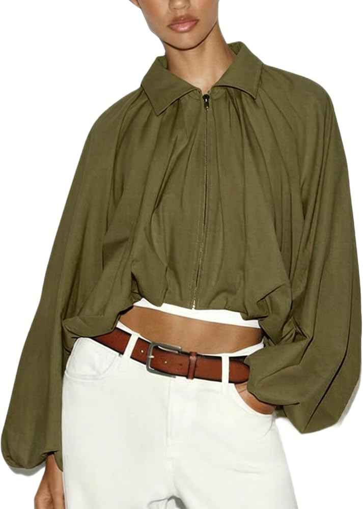Megfie Women's Collared Full Zip Bubble Long Sleeve Cropped Jacket | Amazon (US)