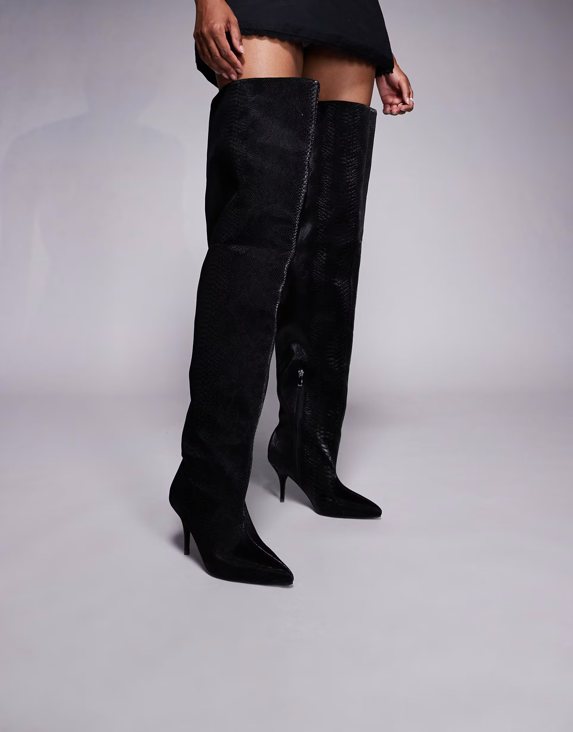 Azalea Wang Halina ruched over the knee boots in black snake print | ASOS (Global)