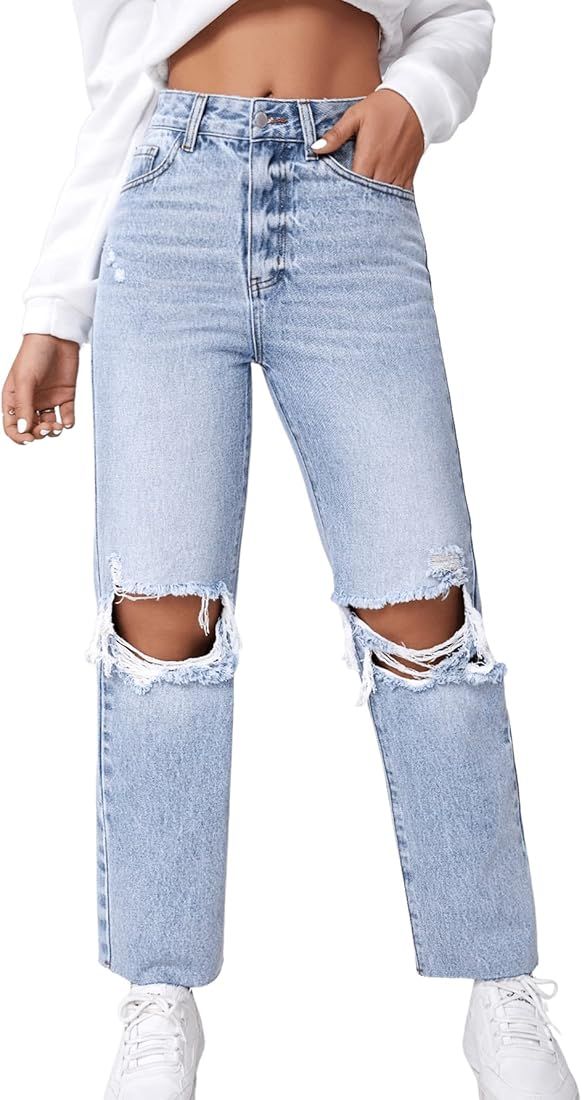 SweatyRocks Women's High Waist Ripped Distressed Cropped Jeans Straight Leg Denim Pants | Amazon (US)