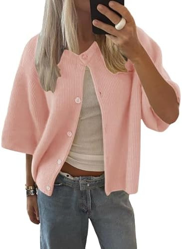 LOMON Womens Spring Summer Short Sleeve Cardigan Sweaters Trendy Crew Neck Button Down Lightweigh... | Amazon (US)