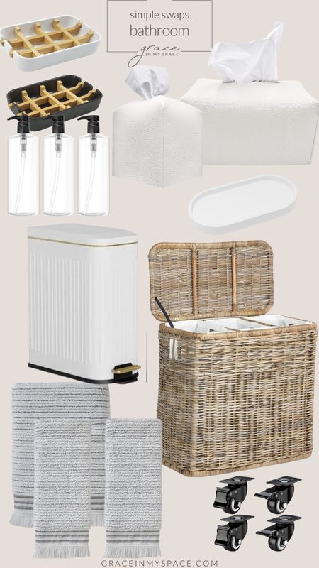 Try these simple swaps for your bathroom accessories to elevate the space. This wicker laundry hamper steals the show. And use the lidded trash can and tissue covers to hide the basics. #amazonhome #amazonfinds #bathroomaccessories

#LTKhome #LTKfindsunder50 #LTKfindsunder100