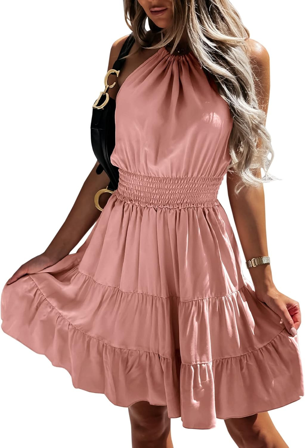 Pepochic Women's Summer Halter Neck Short Dress Sleeveless A Line Backless Loose Ruffle Sundress | Amazon (US)