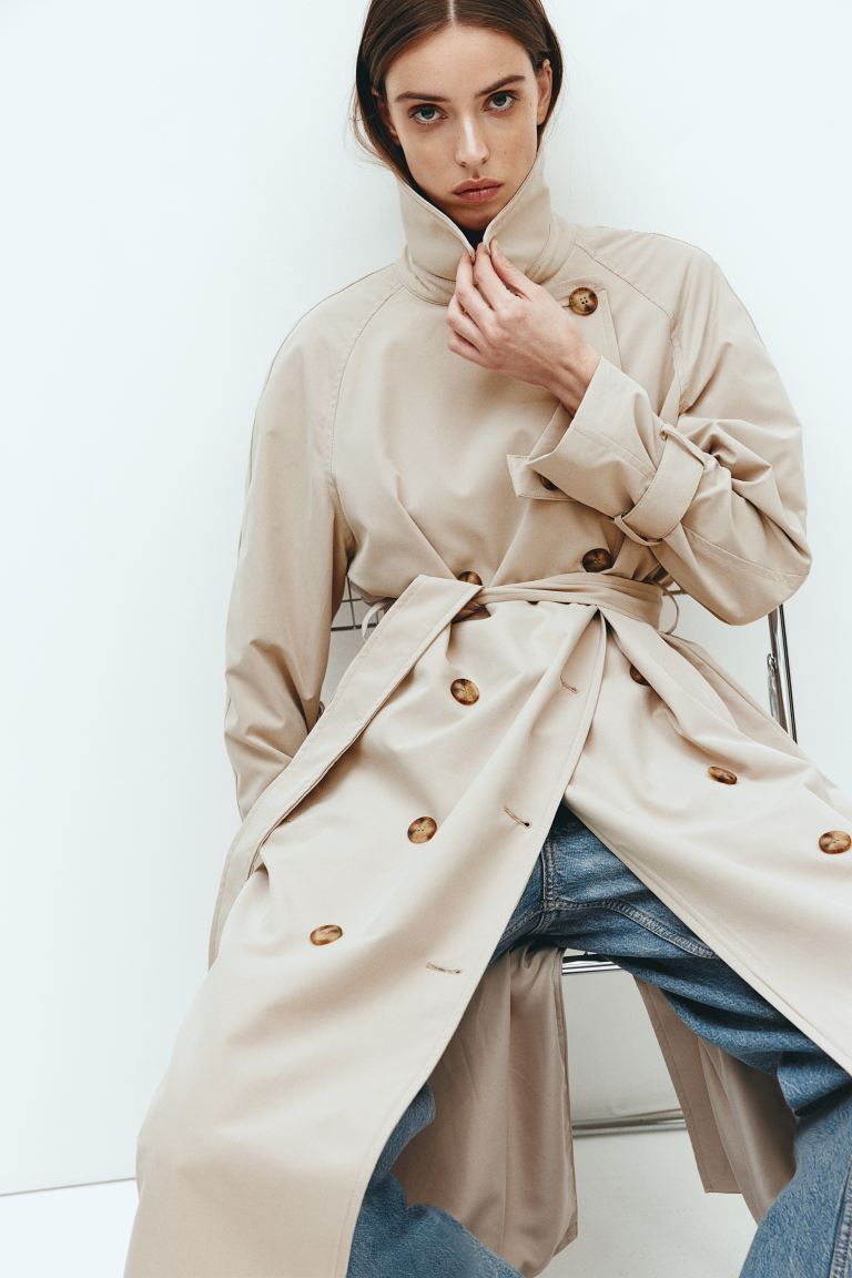 Double-breasted Trench Coat - V-neck - Long sleeve - Beige - Ladies | H&M US | H&M (US + CA)