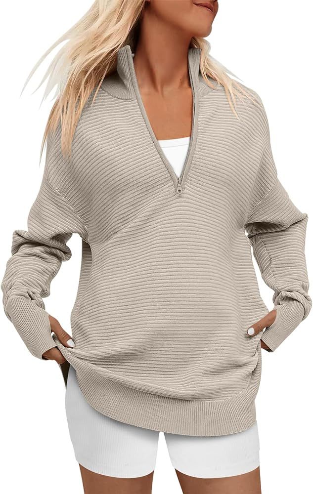 ANRABESS Women's 2023 Trendy Long Sleeve Half Zip V Neck Collared Casual Oversized Ribbed Knit Pu... | Amazon (US)