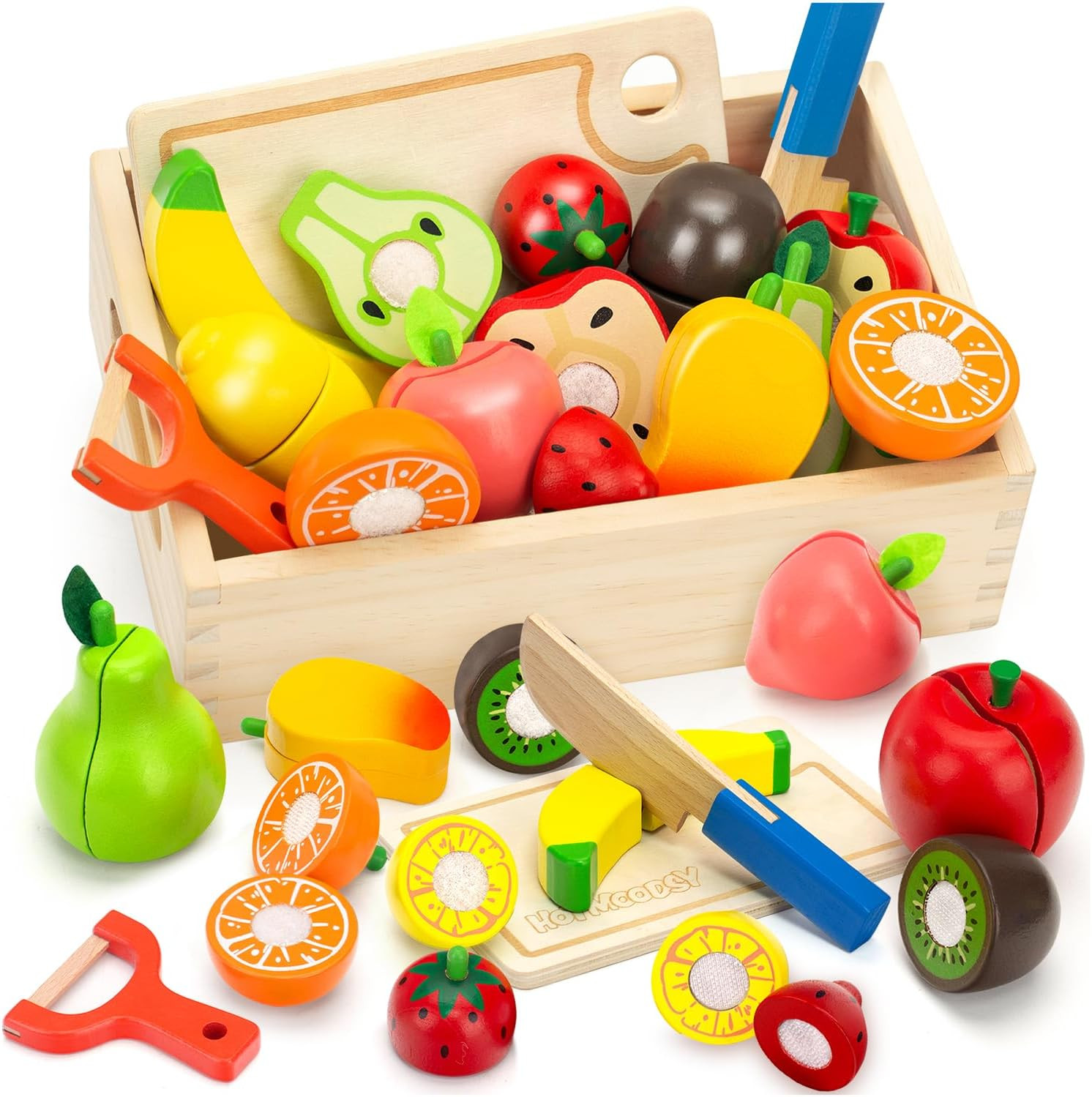Wooden Play Food Set for Toddlers Toys Pretend Play Kitchen Accessories Fruit Cutting Set for Kids Gift for Boys Girls Montessori Educational Toys | Amazon (US)