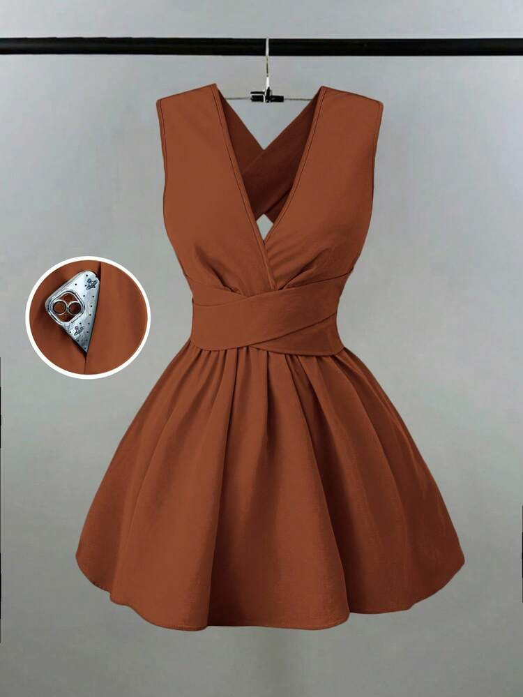 Franclia Women Romantic Elegant Sexy Wedding Guest Solid Criss-Cross V-Neck Sleeveless A-Line Min... | SHEIN