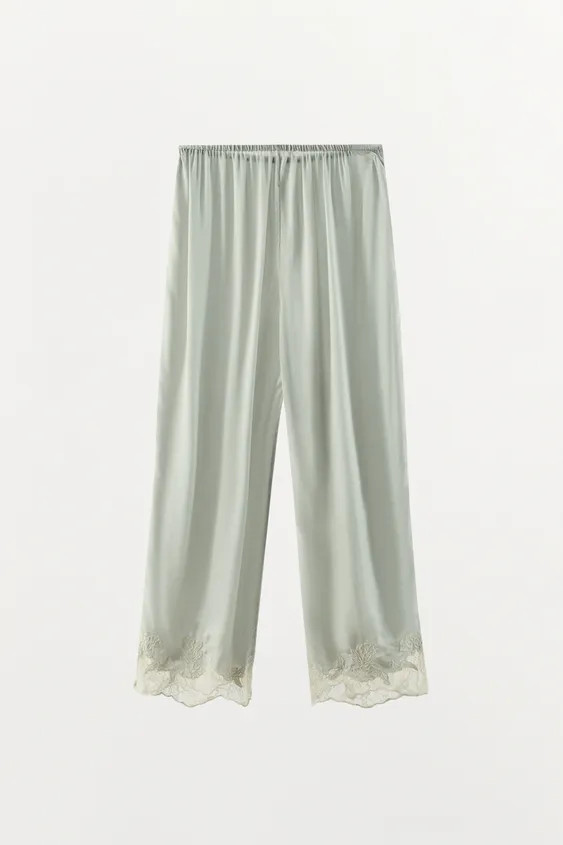 SATIN EFFECT LACE EMBROIDERED PANTS | Zara US