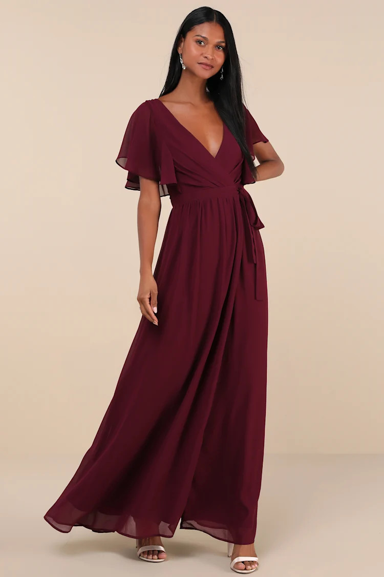 Convincing Grace Burgundy Flutter Sleeve Wrap Maxi Dress | Lulus