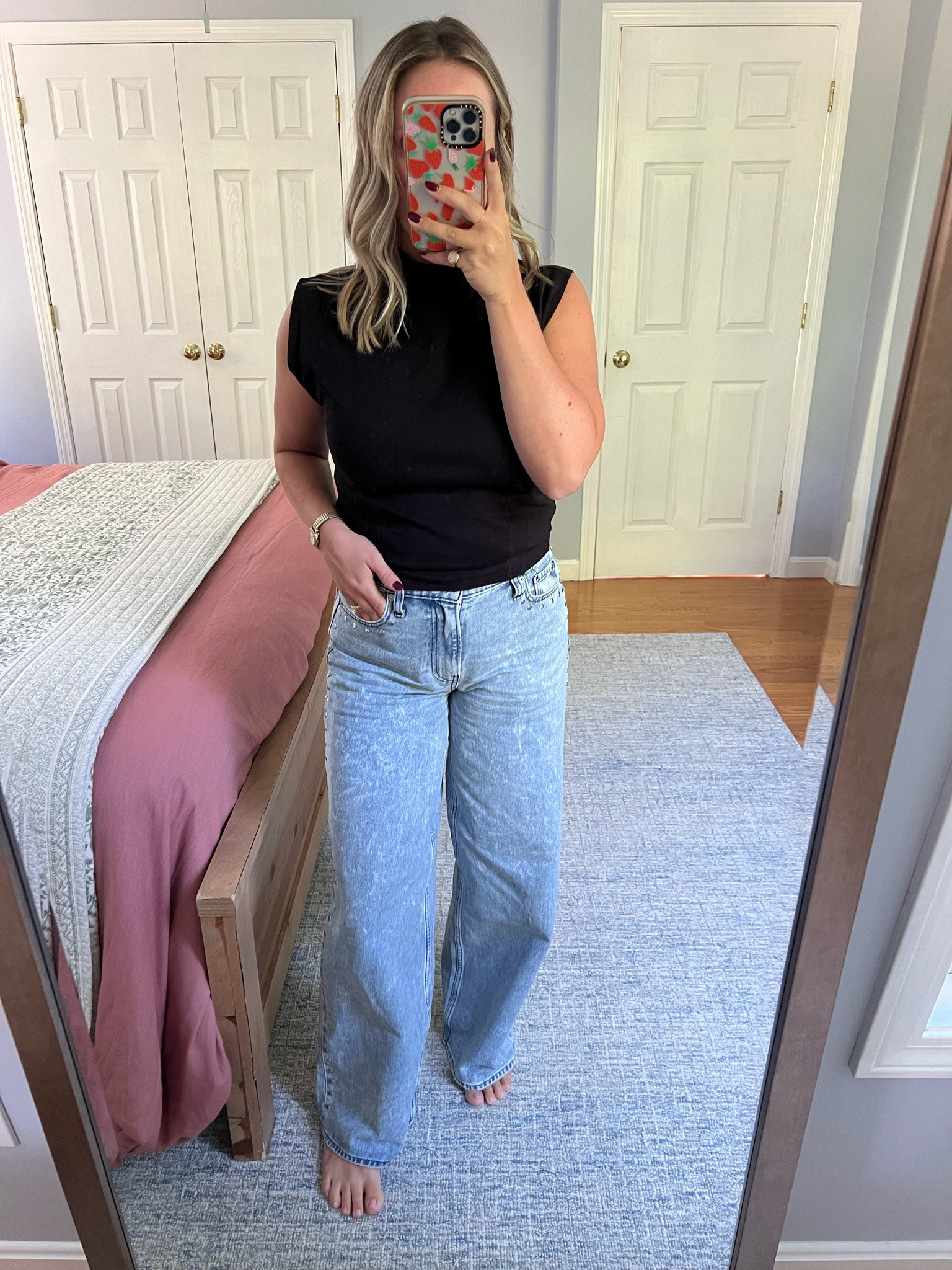 Mock neck black top, studded jeans, acid wash jeans, wide leg jean, ultra wide leg jean, work wear, petite, low rise 

#LTKParties #LTKCon #LTKFamily