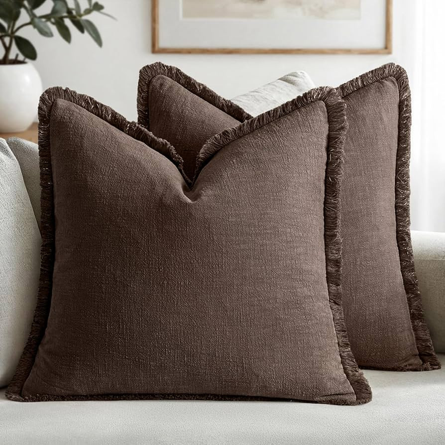 MIULEE Decorative Throw Pillow Covers Neutral Linen Fringe Throw Pillows Set of 2 Reddish Brown B... | Amazon (US)