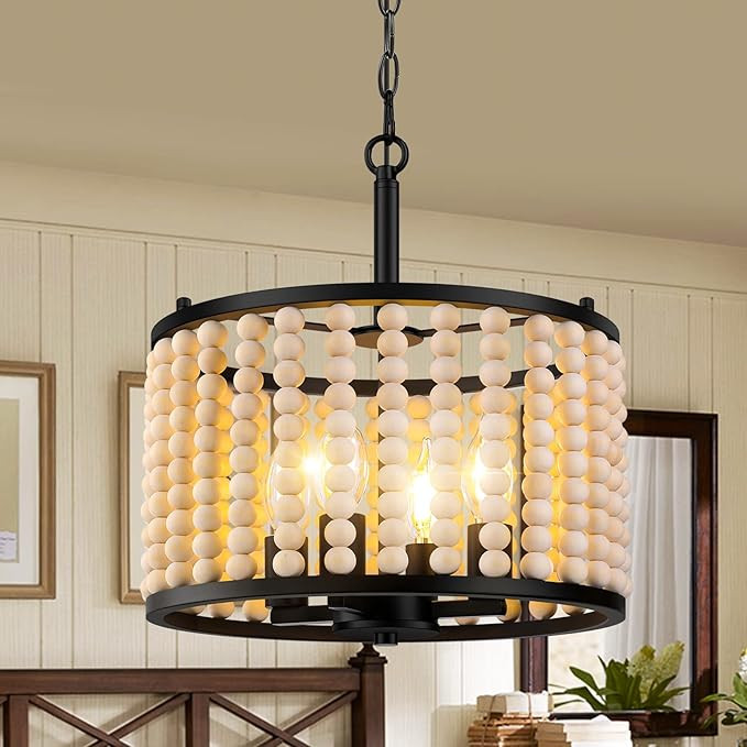 4-Light Farmhouse Semi Flush Mount Ceiling Light Fixture, Convertible Boho Wood Beaded Chandelier... | Amazon (US)