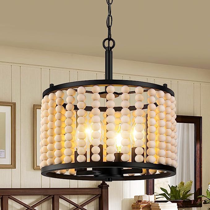 4-Light Farmhouse Semi Flush Mount Ceiling Light Fixture, Convertible Boho Wood Beaded Chandelier... | Amazon (US)