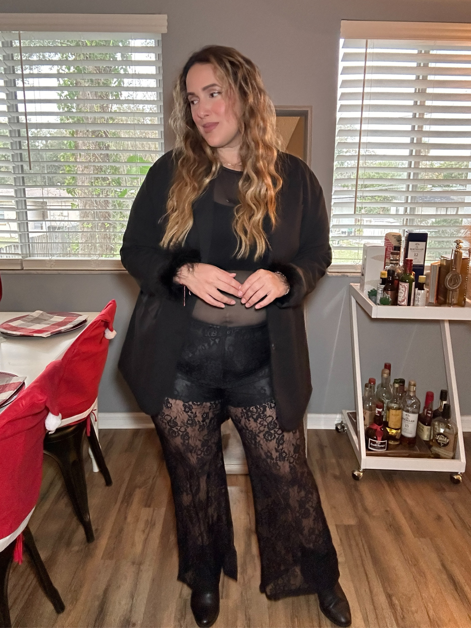 All black chic festive look for 20 wk bump 🫶🏼 

Wear xl in blazer and mesh feather top
XXL in lace bottoms 

#LTKbump #LTKstyletip #LTKmidsize