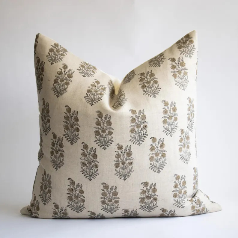 Neutral Floral Linen Pillow Cover: Gray Tan Hand Block Print | INDU | Etsy (US)