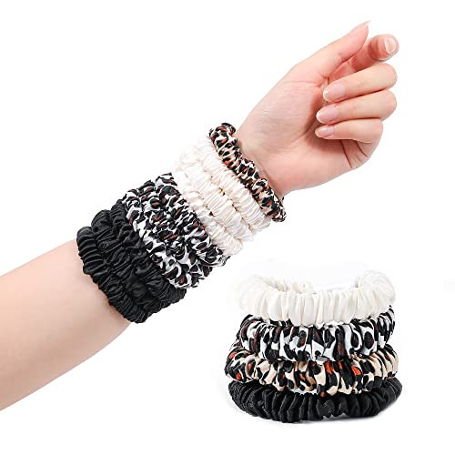 Hair Ties Silk Satin Scrunchies - Small Mini Thin Elestics Ponytail Holder Hair Bands Skinny Scrunchy For Thick Curl Hair No Crease Hair Ties Soft Accessories No Hurt Your Hair for Women and Girls (White Leopard Black) | Amazon (US)