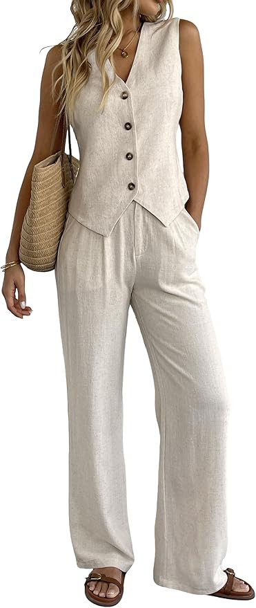 Women's 2 Piece Outfits Linen Vest Waistcoat Dressy Casual Sets Wide Leg Pants Suits | Amazon (US)