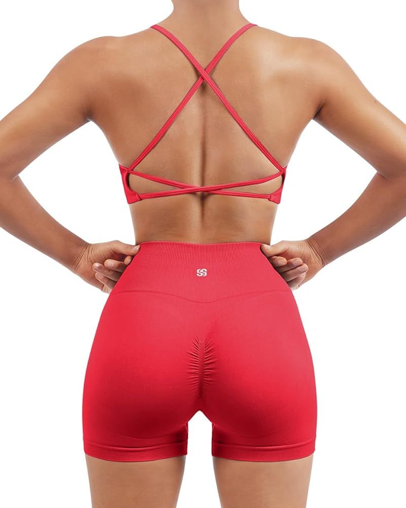 SUUKSESS Women Seamless Workout Sets Strappy Sports Bra High Waist Booty Shorts Outfits | Amazon (US)