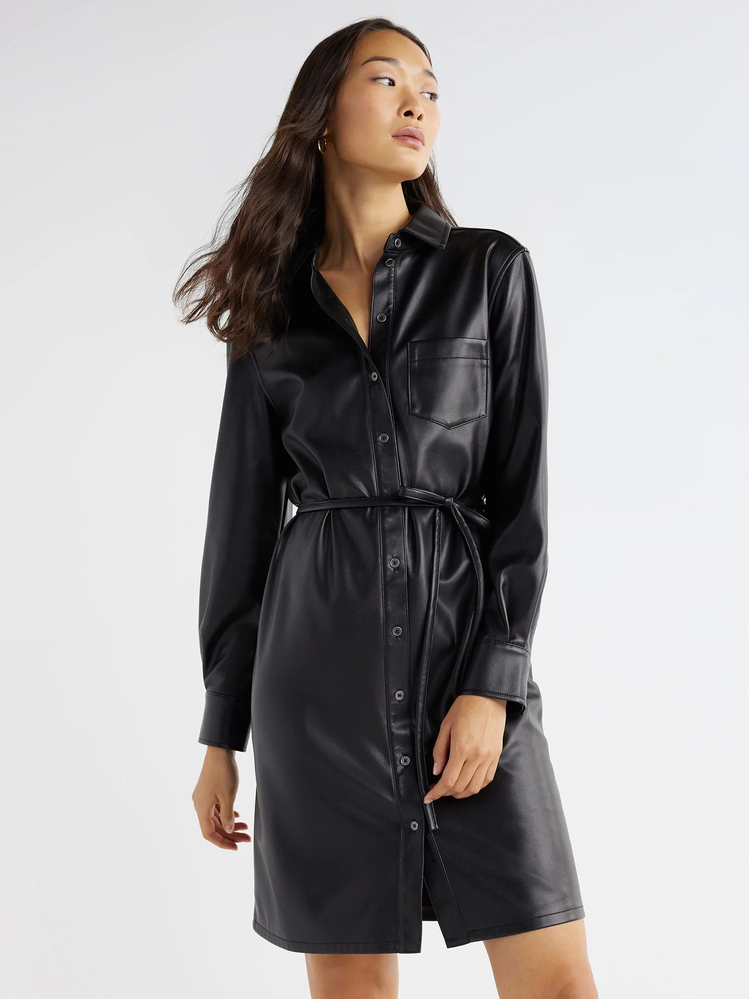 Time and Tru Women's Belted Faux Leather Shirt Dress, Sizes XS-XXL | Walmart (US)