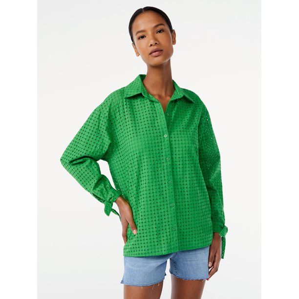 Scoop Women's Eyelet Blouse with Long Sleeves | Walmart (US)