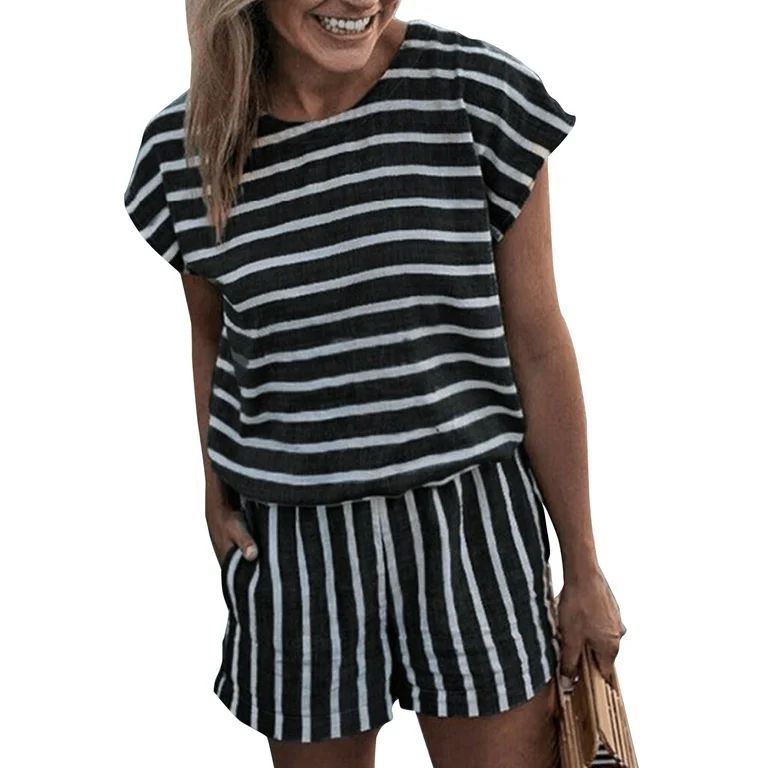 Women Stripe Romper Short Sleeve Playsuit Elastic Waist Stretchy Romper Shorts with Pockets | Walmart (US)