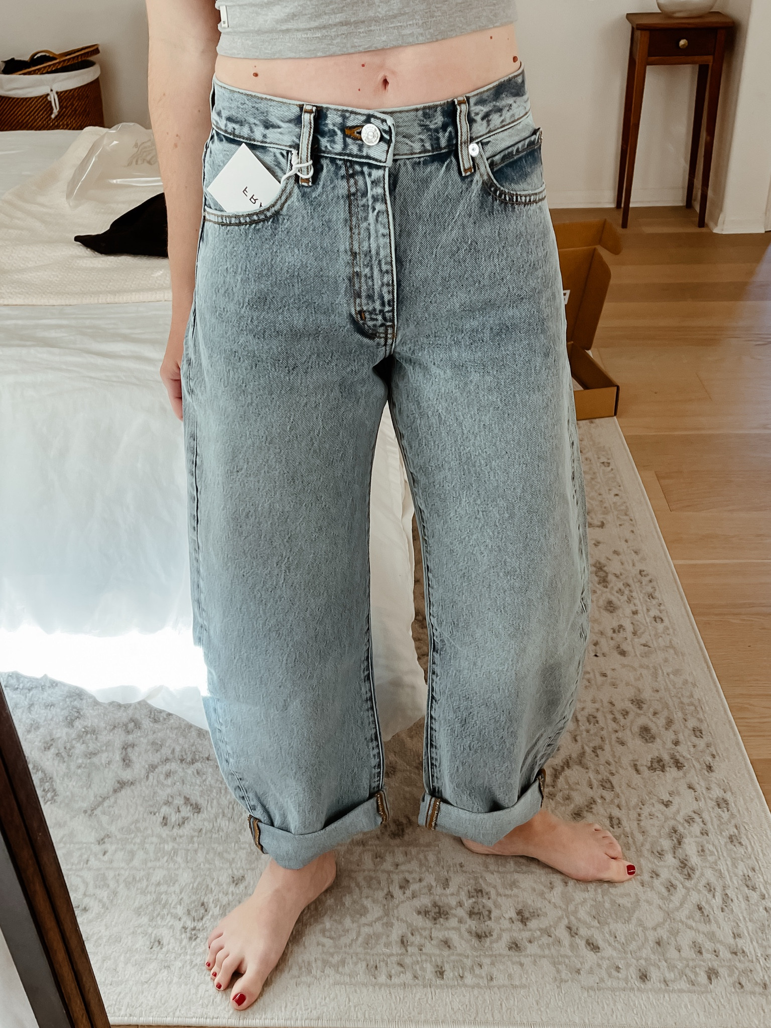 Frame Bubble jeans in new Outlaw Wash. These are a more mid-rise barrel style and fit TTS, wearing a 25. Zip fly and cuffs can be let out. 