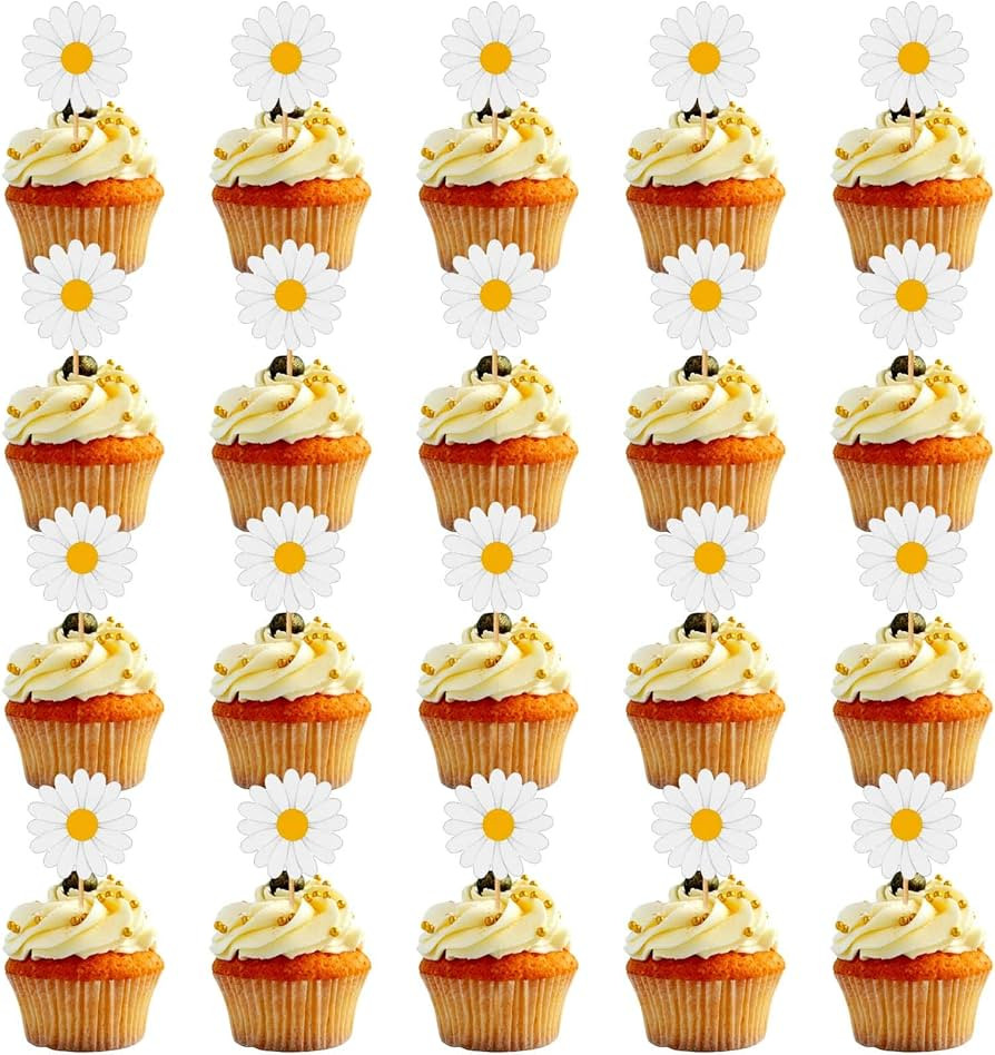 Cadeya 50 Pcs Daisy Cupcake Toppers, Daisy Flower Cake Topper for Birthday, Baby Shower, Wedding,... | Amazon (US)