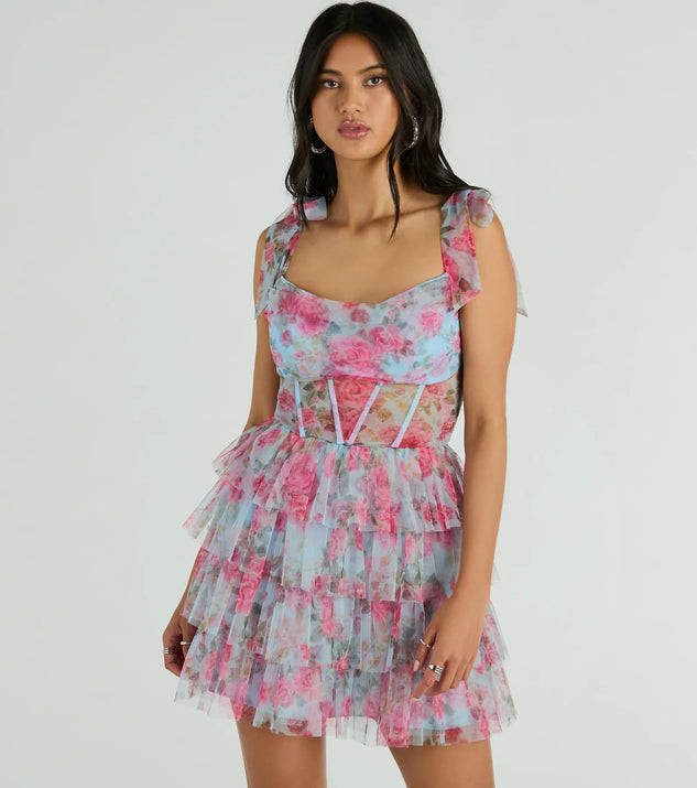 Mandy Corset Ruffle Rose Floral A-Line Party Dress | Windsor Stores