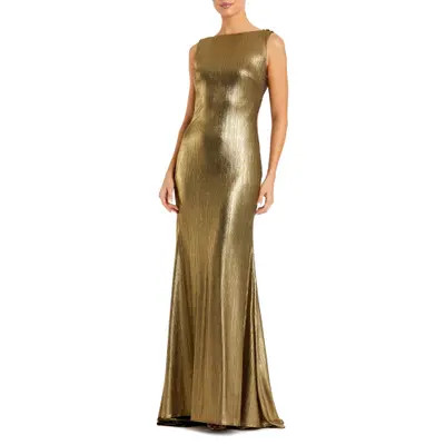 Mac Duggal Metallic High Neck Cowl Open Back Column Gown in Gold at Nordstrom, Size 8 | Nordstrom