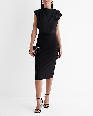 Draped Mock Neck Midi Sheath Dress | Express