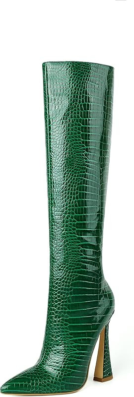 vivianly Womens Stiletto Heel Knee High Boot Pyramid Heel Crocodile Pattern Boots Side Zipper Boo... | Amazon (US)
