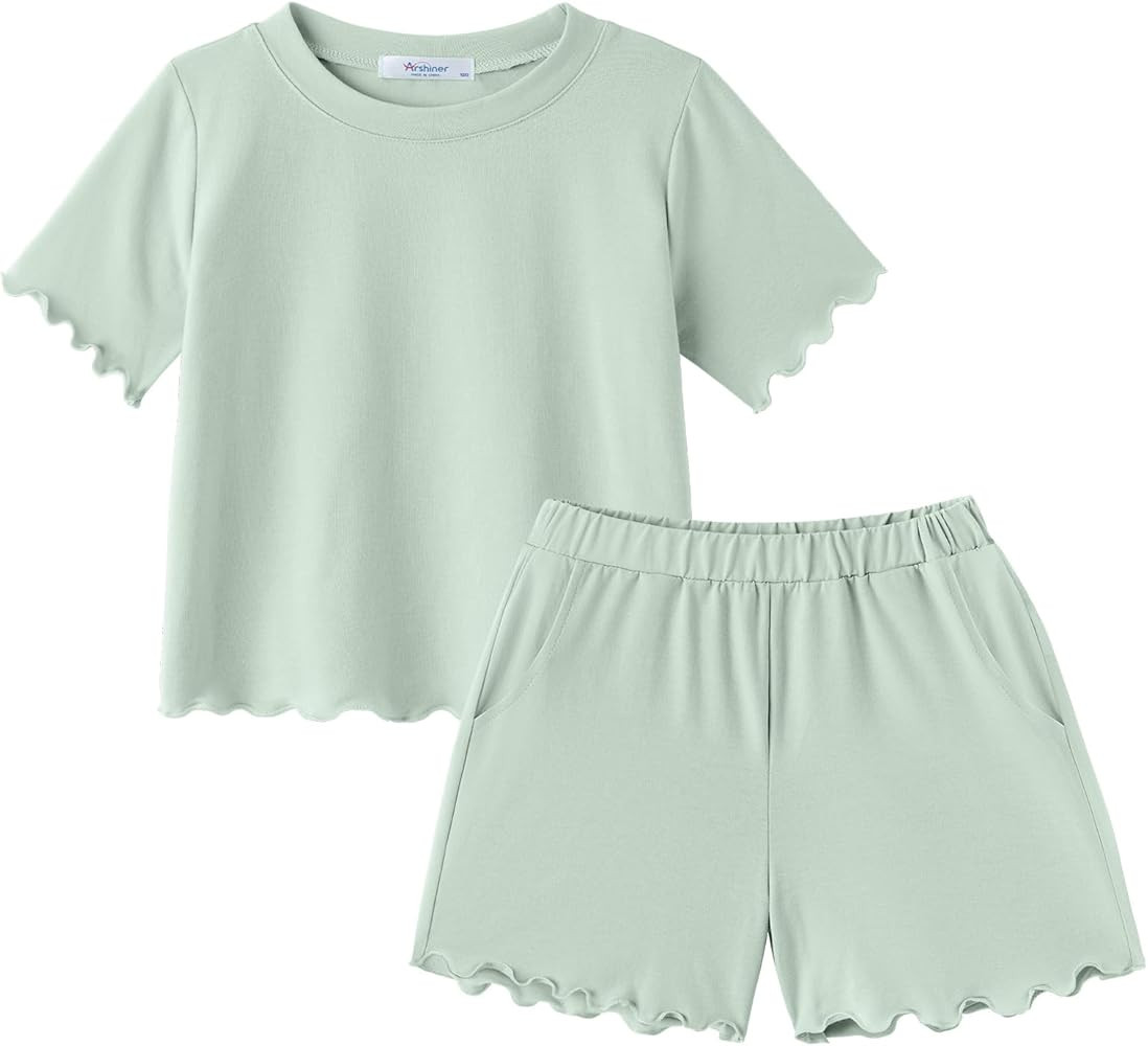 Amazon.com: Arshiner Little Girls Summer Outfits Short Ruffle Sleeve Shirt Tops and Light Green S... | Amazon (US)