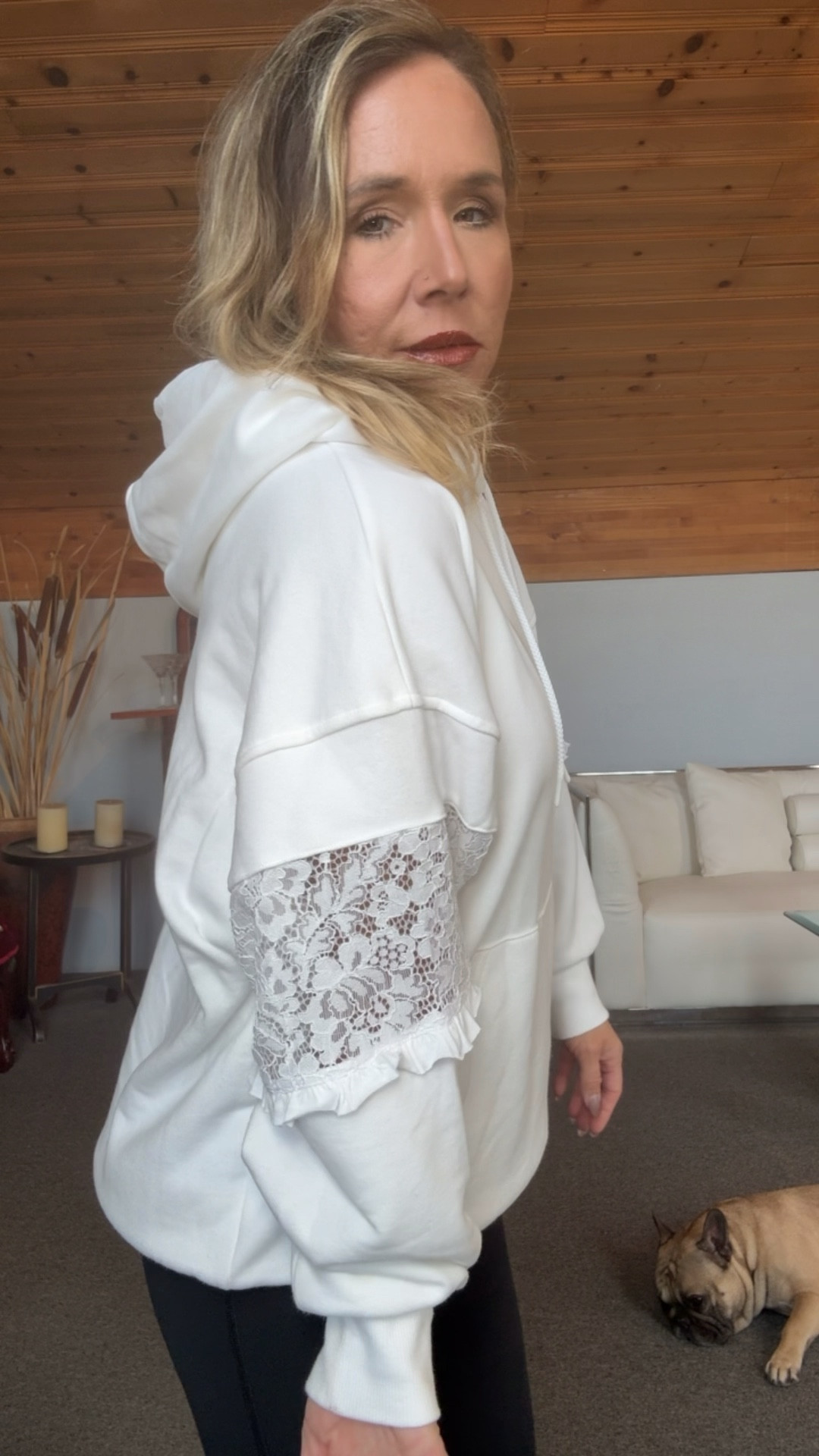 New from TARGET, white sweatshirt with lace arms, super cute. Also comes in purple, It’s oversized. I’m wearing a x-small. Pants are also from Target . I’m wearing size x-small regular. Petite was sold out. 

#LTKPetite #LTKOver40 #LTKootd