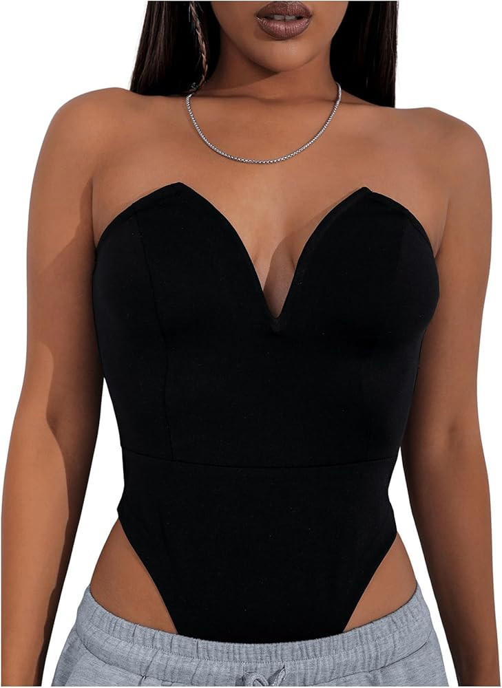 WDIRARA Women's Sleeveless Sweetheart Neck Bodysuit Sexy High Cut Strapless Leotard | Amazon (US)