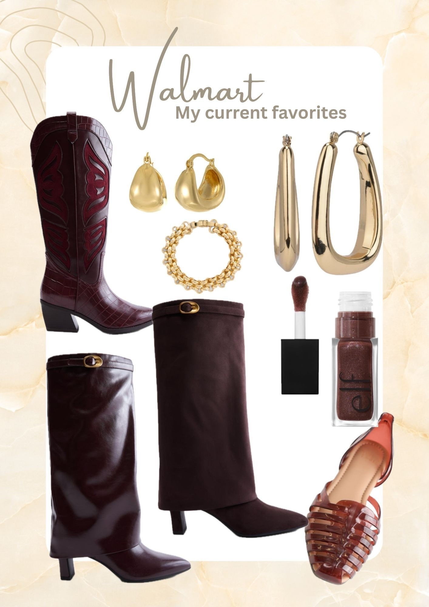 Brown & Burgundy for fall?! Immediately, yes! These Walmart boots look so designer. The gold earrings + bracelet are so good and these jellies are perfect for summer to fall transition 🍂

#LTKgrwm #LTKootd #LTKSeasonal