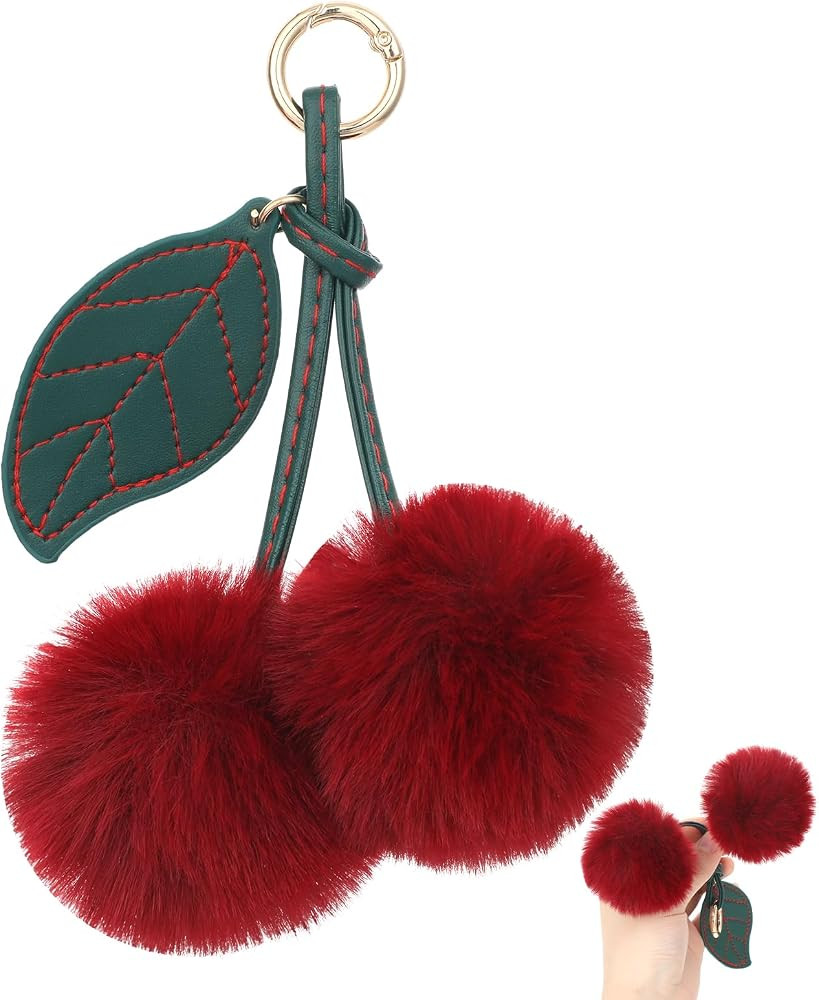 Fluffy Cherry Keychain, Red Keychain Cute Accessories Pom Pom Cherry Bag Charm Purse Plush Charms... | Amazon (US)