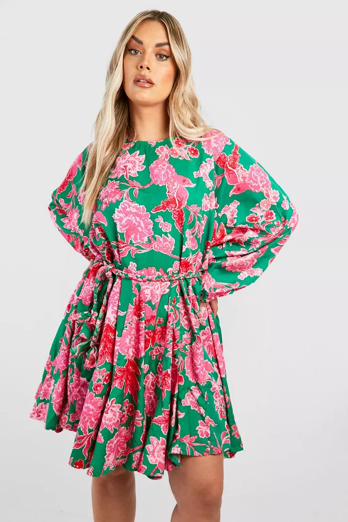 Plus Floral Godet Detail Belted Skater Dress | boohoo (US & Canada)