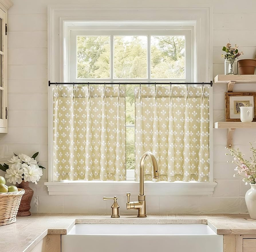 Floral Cafe Curtains 24 Inch Length for Kitchen Beige Small Window Flower Pattern Half Curtain,Ki... | Amazon (US)