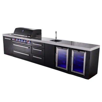 Mont Alpi Black Stainless Steel 157"w X 23"d X 46"h Premium Modular Outdoor Kitchen Island With 2 Refrigerators + Beverage Center Faucet & Sink Combo | Wayfair North America