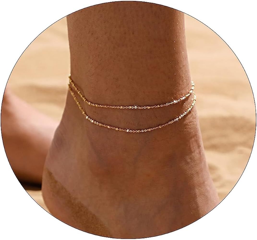 Anklet for Women 14K Gold Plated Ankle Bracelets Silver Anklet Waterproof Pearl Cubic Zirconia Rh... | Amazon (US)